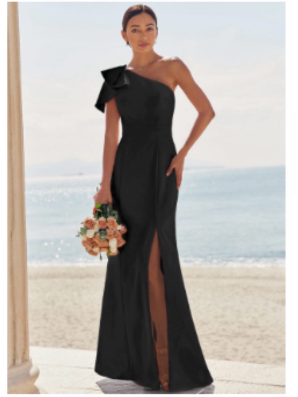 NEVER WORN SIZE 6 Stacee’s One-Shoulder Black Gown with Bow and Front Slit